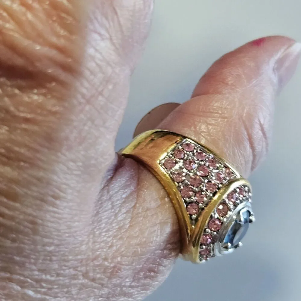 Gold tone pink and blue rhinestone ring Size 8.75
